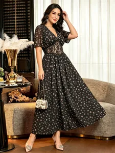 Floral V-neck lace patchwork short sleeve maxi dress detailed shot showing elegant waist design.