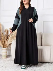 Robe longue maxi manches longues color block grande taille capuche mode femme détail