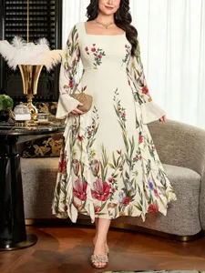 Details of floral square neck bell long sleeve ruffle loose elegant plus size dress