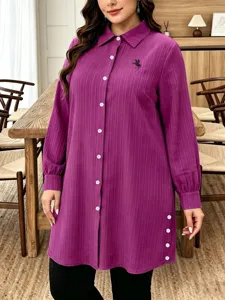 Plus size purple tunic shirt detail, long sleeves, lapel collar, vertical striped design.