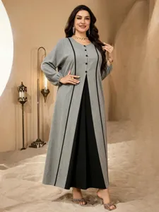 Plus Size Long Robe For Women Fall Casual Color Block Crew Neck Long Lantern Sleeve Maxi Dress Loose Fit Elegant Apparel