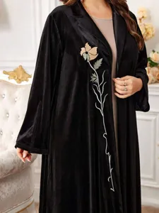 Damen Übergröße Samt Robe Langarm Blumen Stickerei Offener Cardigan Elegant Retro Luxuriös Lang Oberbekleidung