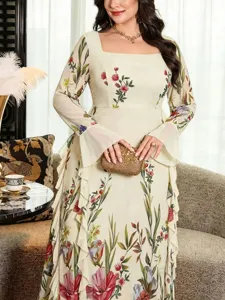 Autumn floral square neck flare long sleeve ruffle elegant plus size dress detail showcase.