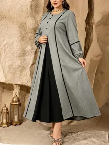 Plus size grey black colorblock long sleeve maxi dress autumn modest abaya robe detail.