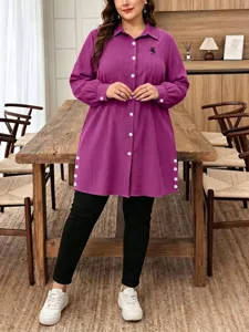 Plus Size Purple Vertical Striped Long Sleeve Button Down Shirt Trendy Style Details
