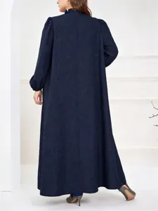 Plus size autumn long sleeve stand collar loose maxi dress with casual commuter puff sleeves.