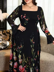Women Plus Size Long Sleeve Square Neck Floral Printed Dress Autumn Elegant Casual Loose Maxi Dress