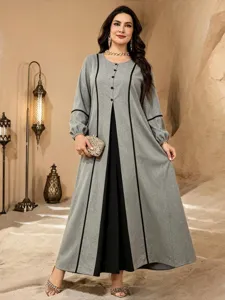 Grey black color block lantern sleeve long maxi dress, loose fit plus size casual robe.