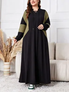 Robe maxi grande taille femme manches longues à capuche patchwork automne hiver chic