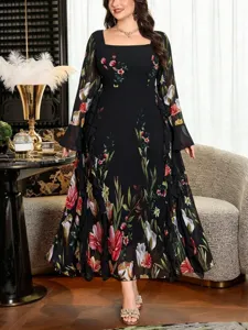 Stunning autumn floral square neck flare long sleeve ruffle loose plus size maxi dress.