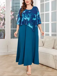 Vestido largo elegante con estampado floral talla grande, ropa casual holgada de mujer diaria.
