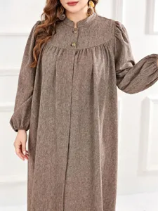 Plus size autumn long sleeve mandarin collar button loose maxi dress with puff sleeves.
