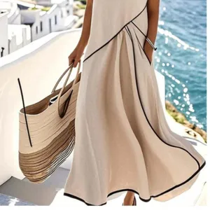 Dames Zomer Vakantie Stijl Mouwloos Contrast Maxi Jurk Casual Lange Strandjurk