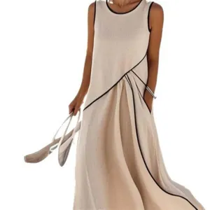 Mouwloze maxi-jurk met contrasterende bies, ronde hals, comfortabele losse casual stijl.