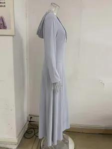 Detailed side view of the light blue hooded long sleeve dress showing slim fit silhouette.