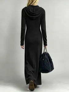 Detailed back view of a sleek black hooded long sleeve maxi dress showcasing slim fit design.