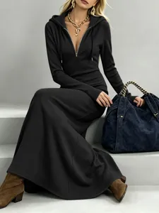 Black ribbed hooded maxi dress featuring half zip and long sleeves for casual daily wear.
