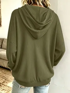 Damen einfarbiger gerippter Strickpullover mit Kapuze, lässige Kordelzug Sweatshirt Ansicht.