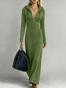 Women's Ribbed Hooded Long Sleeve Maxi Dress Casual Half Zip Slim Fit Floor Length Dress