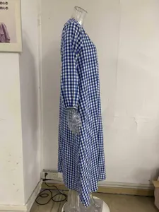 Blue and white gingham long sleeve v-neck maxi dress casual loose fit daily wear