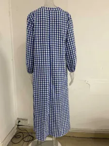 Blue and white plaid long sleeve maxi dress casual loose fit checkered long dress back view
