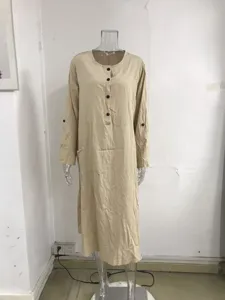 Casual khaki long sleeve maxi dress for women, vintage style with buttons and pockets.