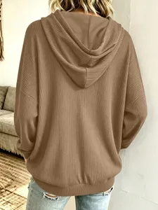 Einfarbiger gerippter Strick Hoodie für Damen Freizeit lose langarm Kapuzenpullover