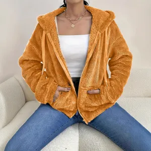 Women Hooded Plush Rabbit Hair Jacket Fashion Casual Solid Color Loose Fit Zipper Top Long Sleeve Pocket Autumn Winter Warm Coat