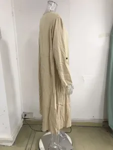 Vintage bohemian long sleeve maxi dress with pockets, loose casual beige dress for women.