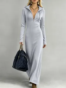 Women Ribbed Knit Hooded Maxi Dress Long Sleeve Half Zip Casual Floor Length Dress Style