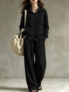 Autumn casual black hooded cardigan and wide-leg pants two-piece set detail showcase.