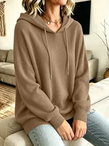 Einfarbiger, langärmliger Kapuzen-Strickpullover für Damen, lässig lose Passform.