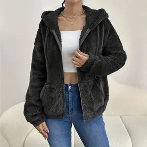 Women Casual Solid Color Pocket Zip Up Hooded Fuzzy Fleece Cardigan Coat Outerwear