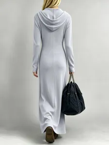 Detailed view of the women's casual ribbed long-sleeve hooded maxi dress in light grey.