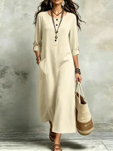 Boho long sleeve maxi dress with pockets, casual beige loose button down linen style outfit