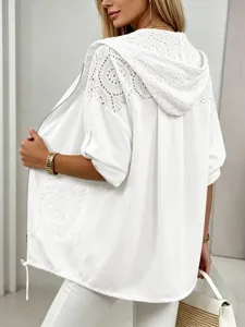 Veste courte capuche dentelle blanche femme gilet zippe manches courtes ete haut chic