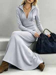 Grey ribbed knit hooded long sleeve maxi dress with half zipper design for casual wear detail.