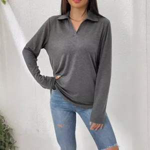 Dames lang mouw revers effen t-shirt met zak, casual losse pasvorm herfst bovenkleding.