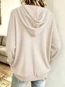 Damen einfarbig gerippter Strick Hoodie Freizeit lose Oberbekleidung Top Detailansicht.