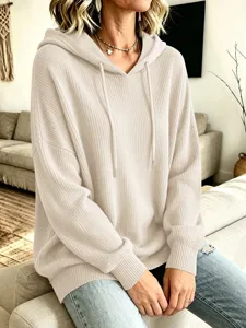 Damen einfarbige Kordelzug Kapuze Strickpullover Freizeit lose Langarm Oberteil neu