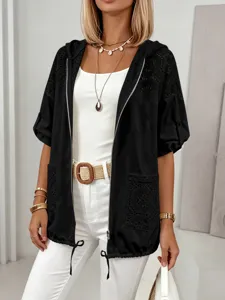 Cardigan court à manches courtes et capuche en dentelle noire haut de protection solaire