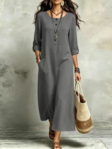 Vintage bohemian casual long sleeve loose maxi dress with pockets for women daily wear.