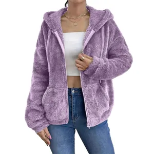 Women purple sherpa fleece zip up hoodie casual loose winter furry jacket with pockets