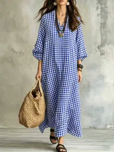 Blue white gingham dress detail, V-neck lantern sleeves, casual loose fit long maxi style.