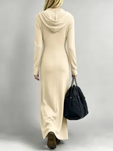 Beige hooded long sleeve maxi dress casual slim fit floor length hoodie dress for women