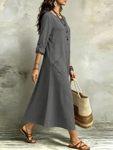 Women's casual long sleeve maxi dress with pocket grey vintage loose comfortable outfit