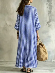 Women blue white plaid maxi dress casual loose long sleeve dress boho vintage long clothes