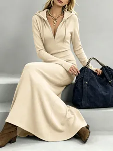 Women long sleeve hooded maxi dress casual half zipper slim fit sweep dress detail