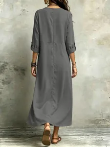 Casual grey maxi dress with roll-up sleeves, featuring a loose bohemian design and comfortable fit.