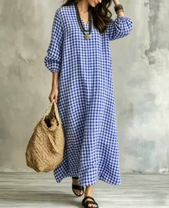 Blue and white gingham long dress, V-neck lantern sleeve loose casual maxi dress.